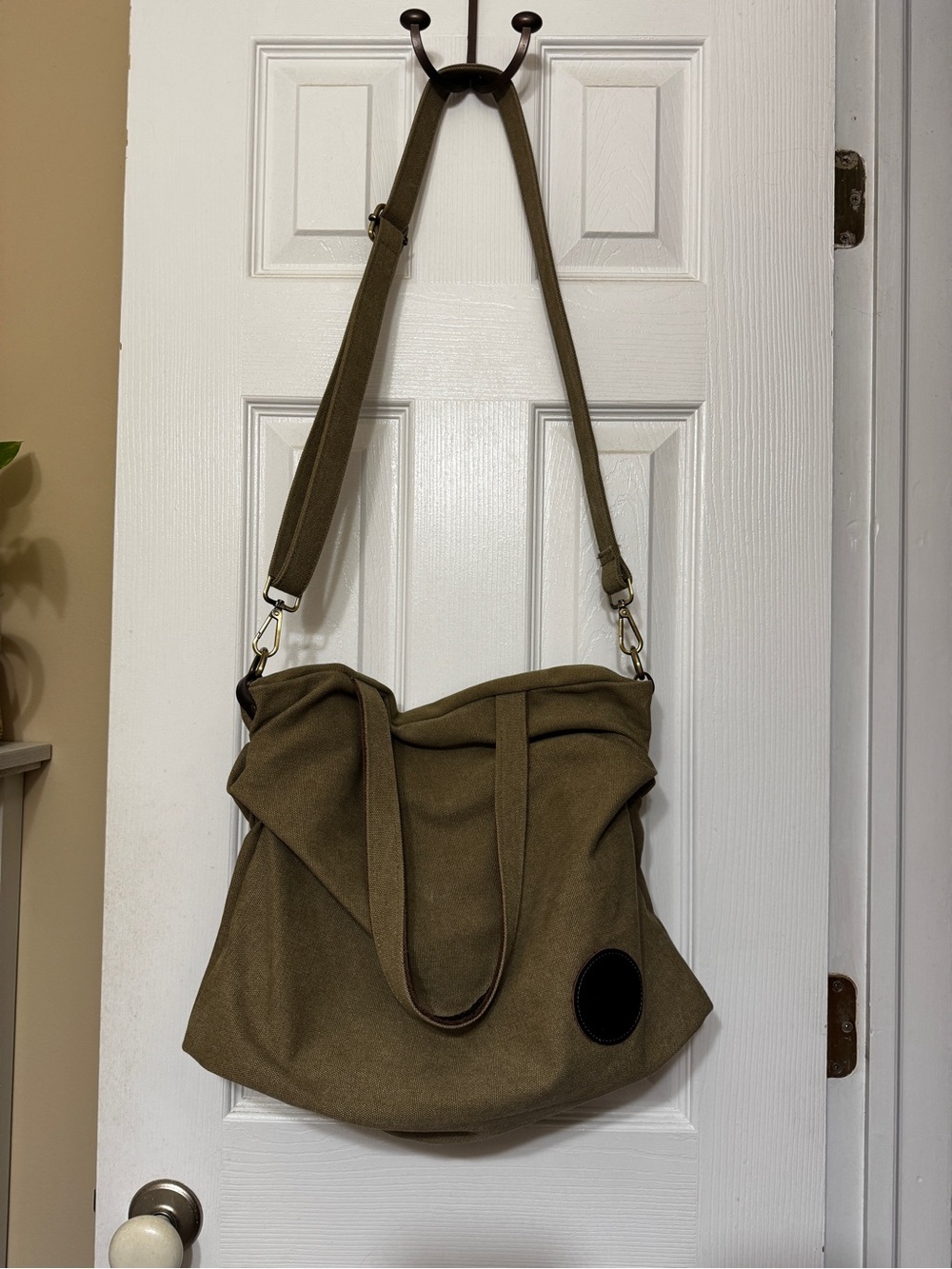 Mushroom/Olive Green Canvas Satchel Tote with Adjustable Strap